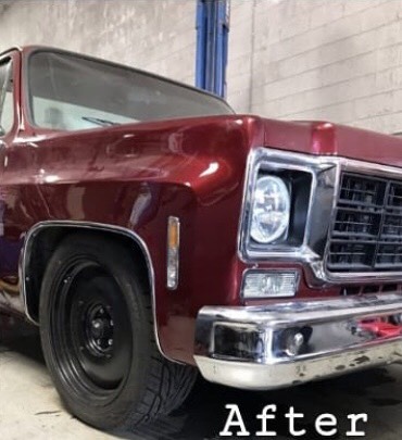 red c10 classic truck in garage